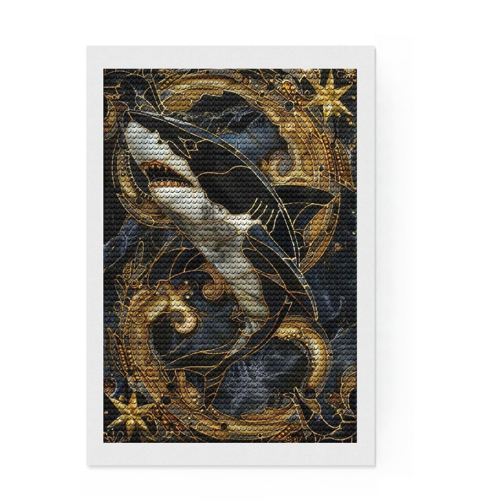 Junmoney Kintsugi Shark Diamond Painting Canvas Set 8"x12", Vintage Style Decor, for Beginners, Creative Leisure Activity, Christmas Gift
