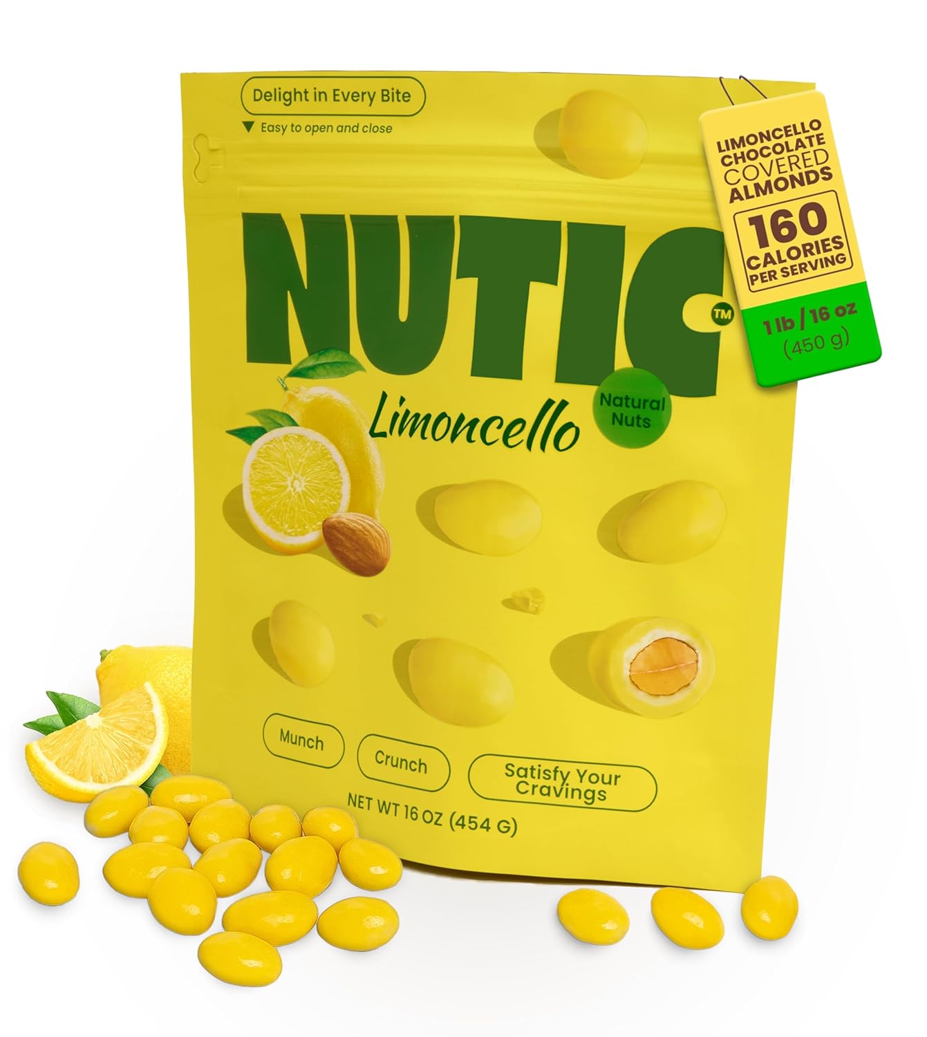 Nutic Lemoncello Chocolate Covered Almonds - 1 Lb. Roasted Almond in White Chocolate & Lemon Creme Candy. Citrus Bliss Flavors for Perfect Snacks & Gifts, Made in USA - (Pack of 1)