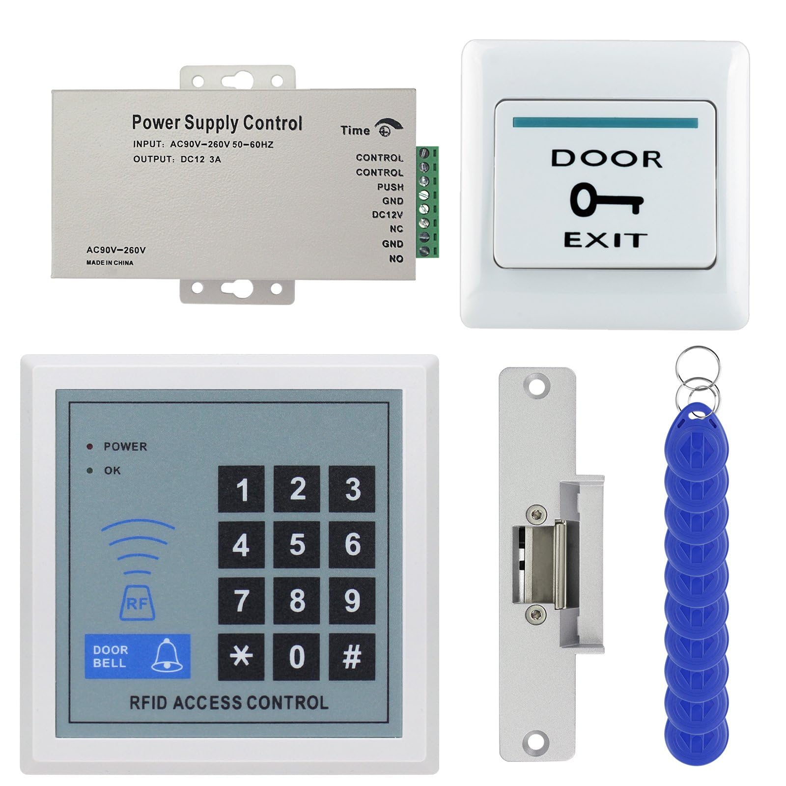 Türzugangskontrollsystem Kit, elektrisches Schließschloss, Netzteil, Ausgangstaste, RFID-Karten, komplettes Türeingangssicherheitsset (K1-Set-NC)