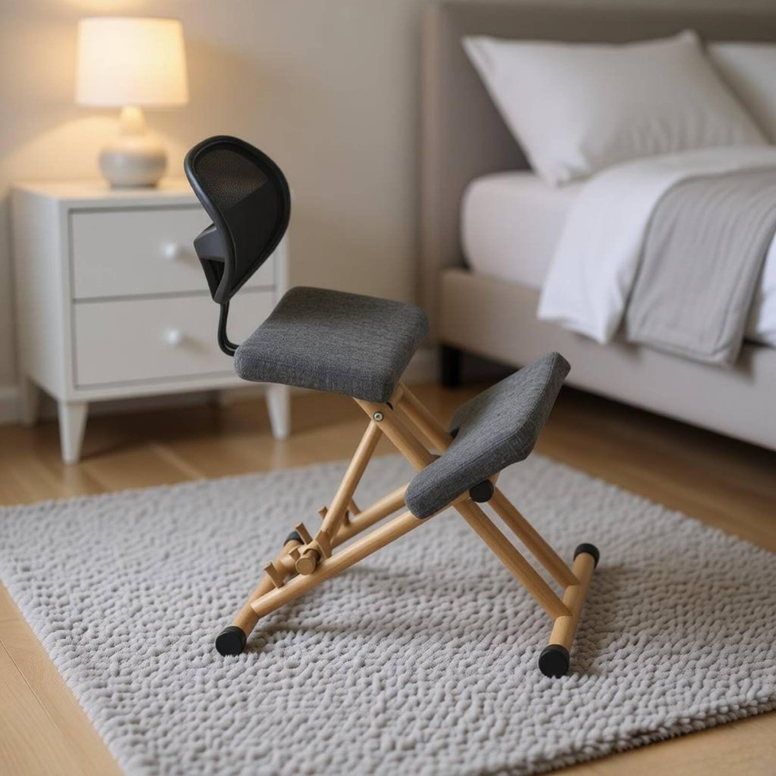 Qianly Silla de Rodillas Ajustable Silla Correctora de Postura Plegable Taburete Ergonómico Rodillas para Niños, Estudiantes, Dormitorio, Gris, con Respaldo