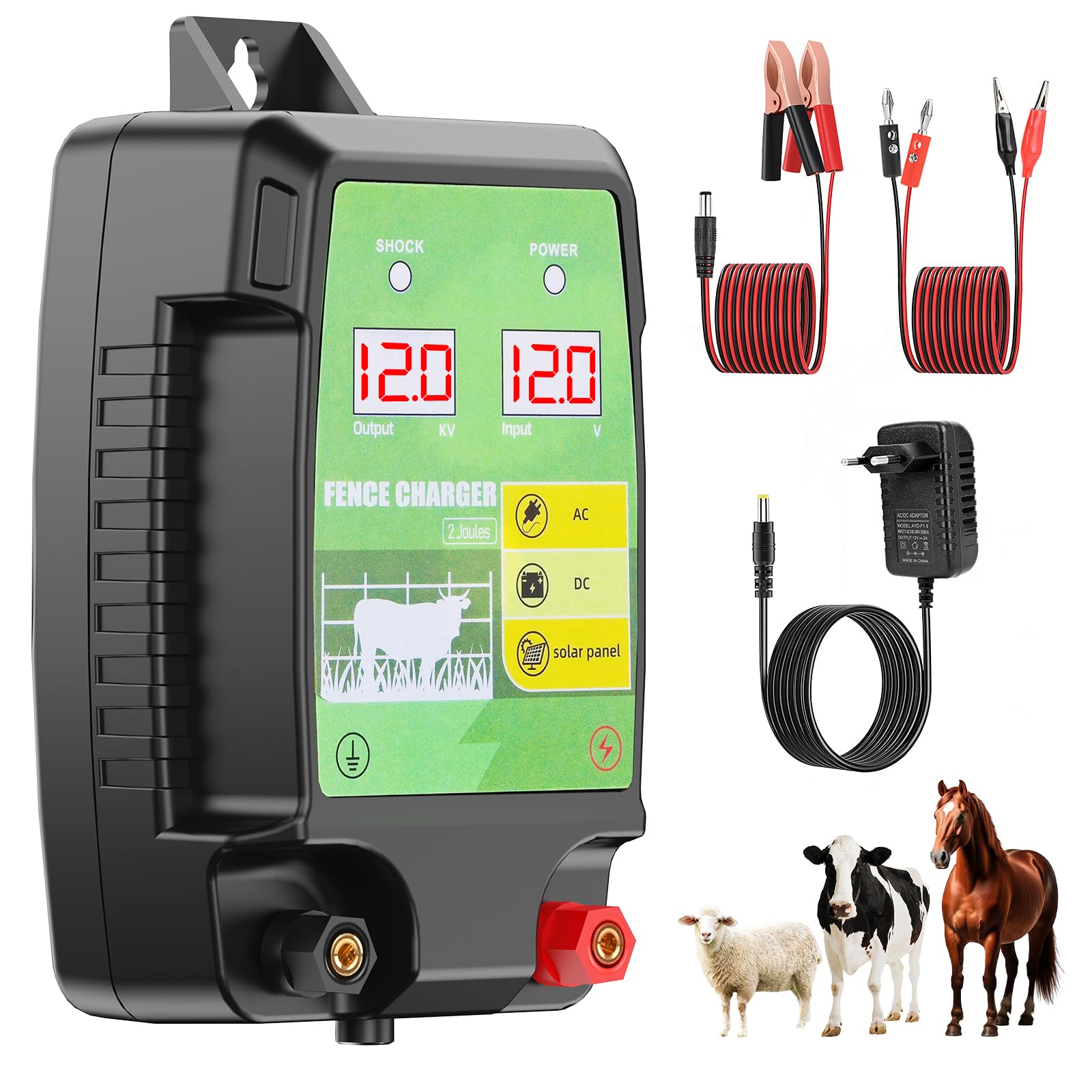 12KM Clôture Électrique pour Bétail Animaux, 12kV 3.0J Tension de Sortie Électrificateur Clôture Électrique avec Affichage LED, Protection pour Chevaux Moutons Chien Jardin Pâturages (Noir-Vert)