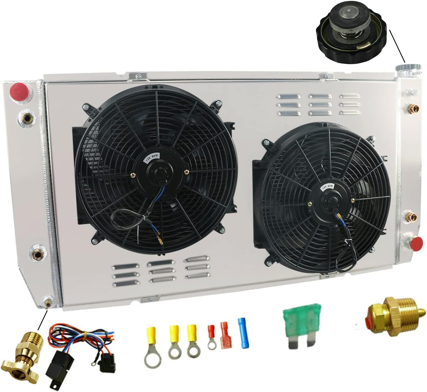 Aluminum Radiator for 1988-2000 Chevy GMC C3500 C2500 C3500HD K2500 K3500 Suburban V8 7.4L Pickup 3 Row Radiator Shroud Fan Relay Radiators