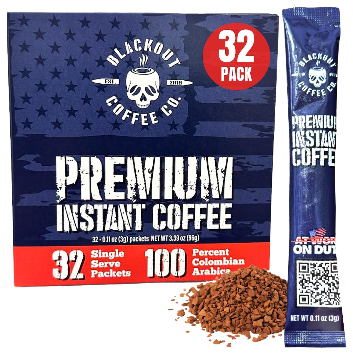 Blackout Coffee Colombian Arabica Instant Coffee – Medium Roast, Strong Aromatic, Single Serve Packets – Premium Quality 32 Count
