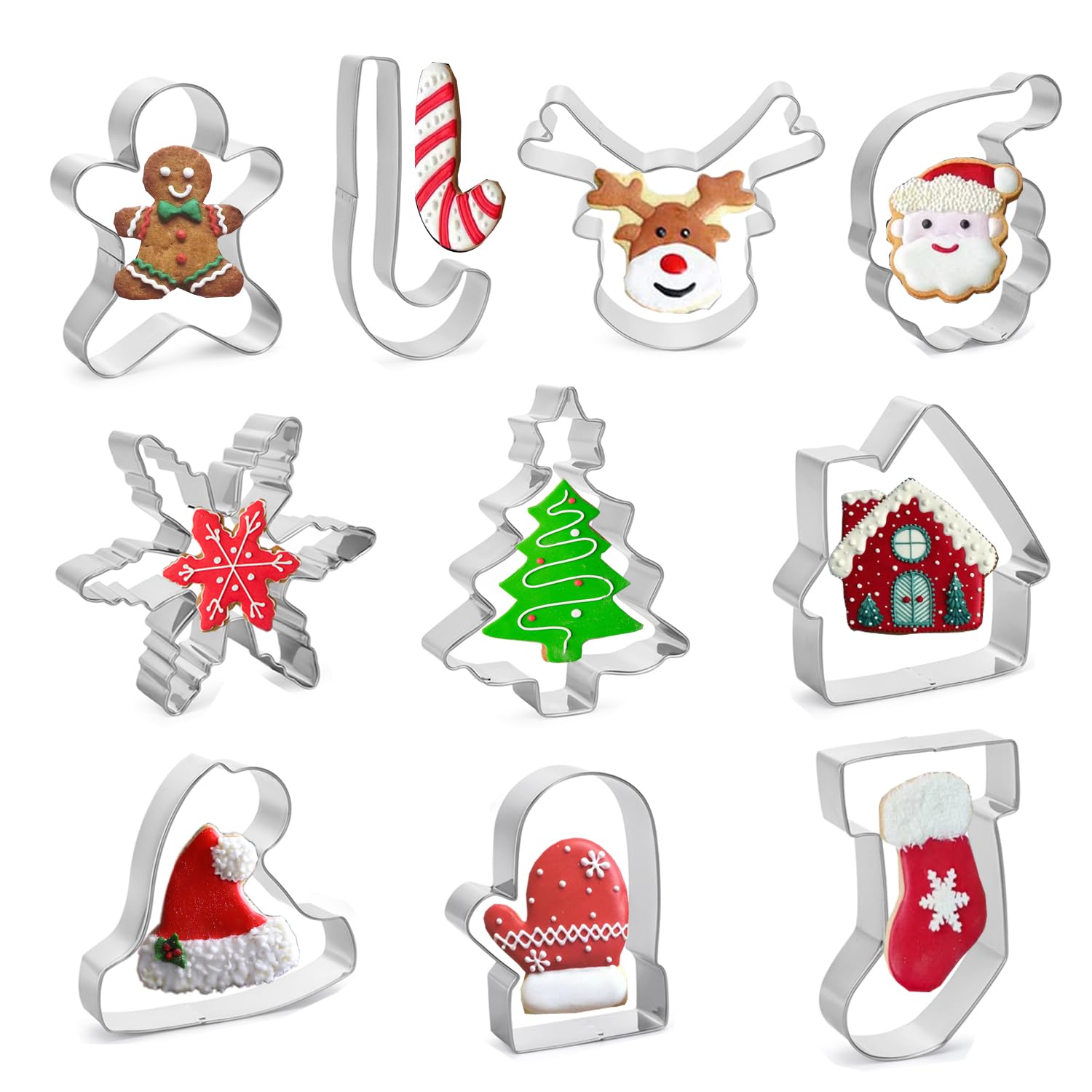 Christmas Cookie Cutters, 10 Pieces Large Size 4 Inch - Gingerbread Man, Snowflake, Reindeer, Candy Cane?Santa Face, Christmas Tree, Stock, Hat, Glove, House shapes Stainless Steel Molds for Biscuits