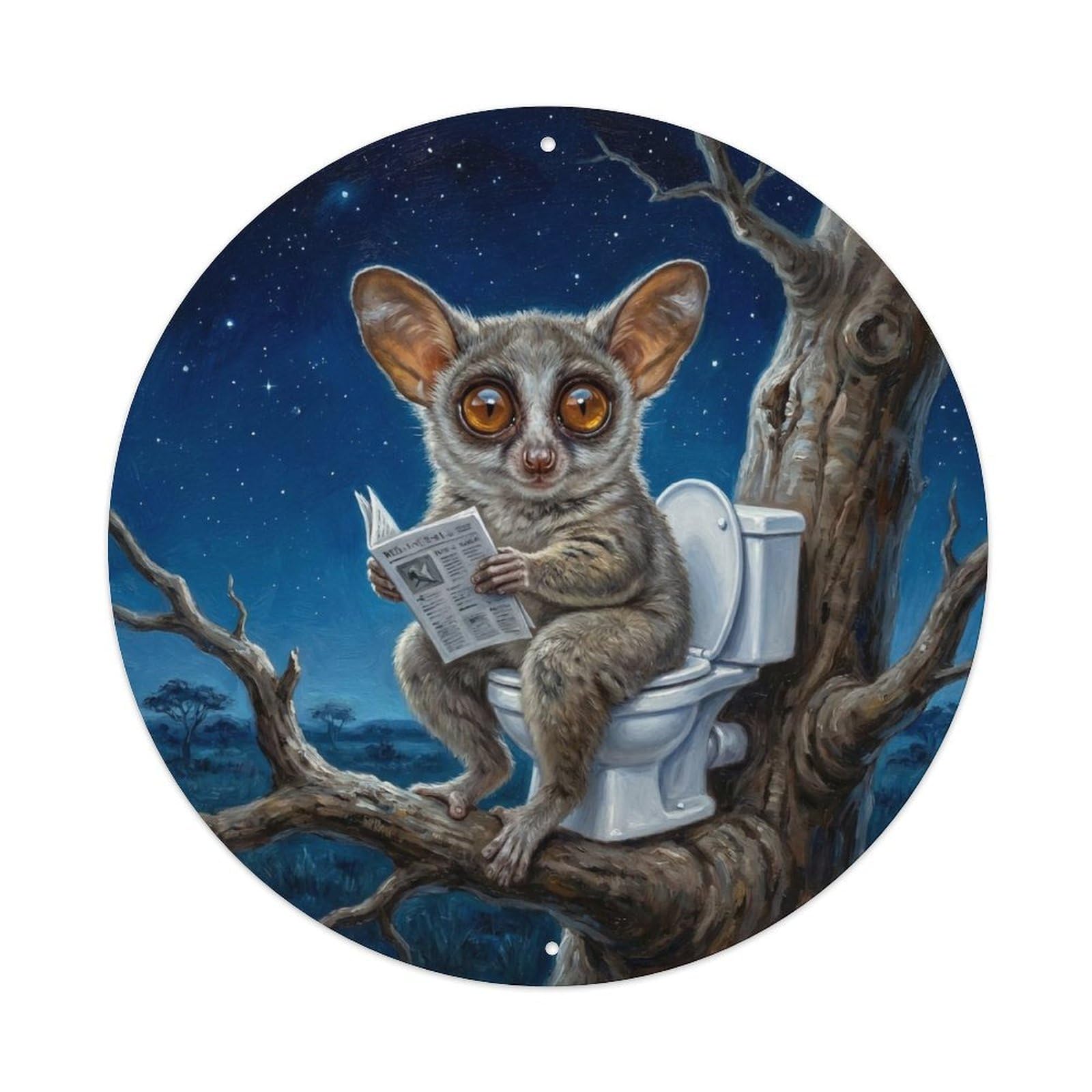Galago On Toilet Humorous Bathroom Baobab Moonlight Reads Metal Tin Sign
