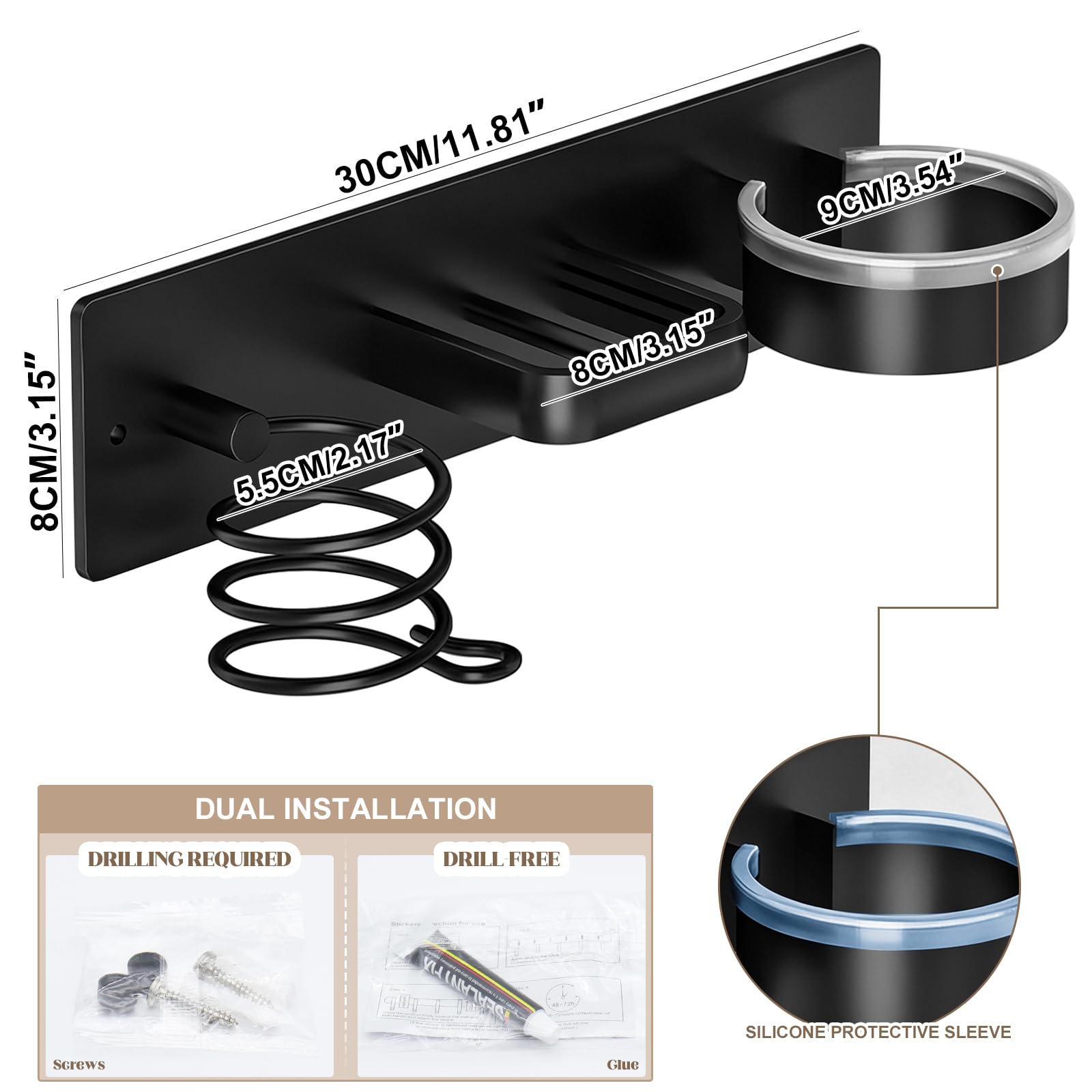Supporto per Asciugacapelli da Parete con Doppia Installazione – Porta Phon in Alluminio Spaziale Senza Trapano o con Viti, con Fessura per Cavi, Design Nero, 30 × 8 cm