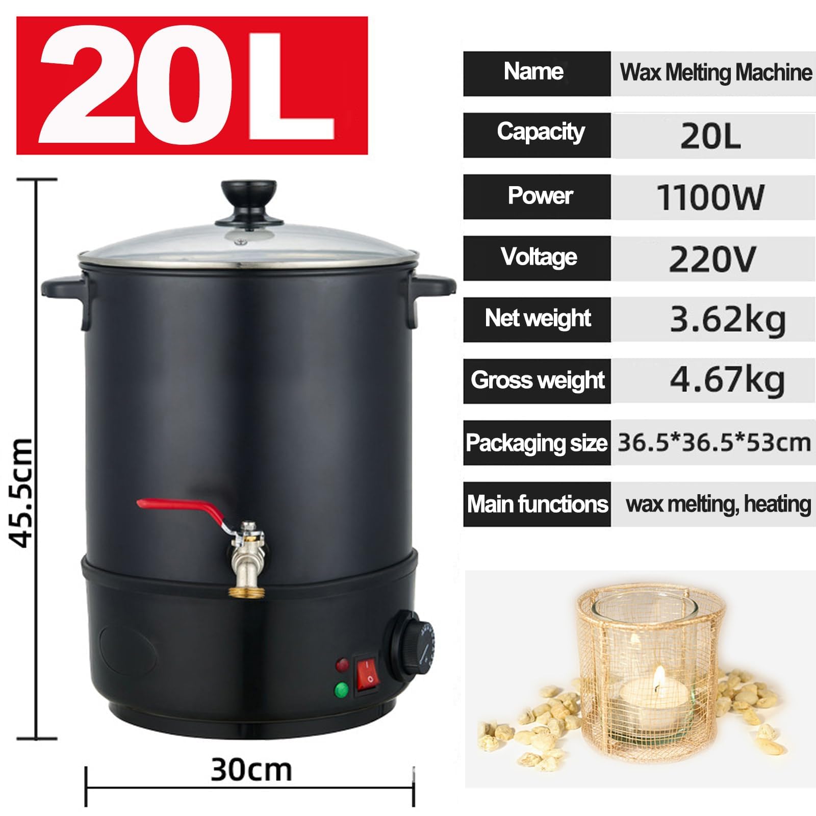 Kit de derretimiento de cera de vela de 1100 W, 20 L, con control de temperatura de 50 a 100 °C, olla antiadherente, cuchara de acero inoxidable, 100 mechas y taza de cera para proyectos de bricolaje