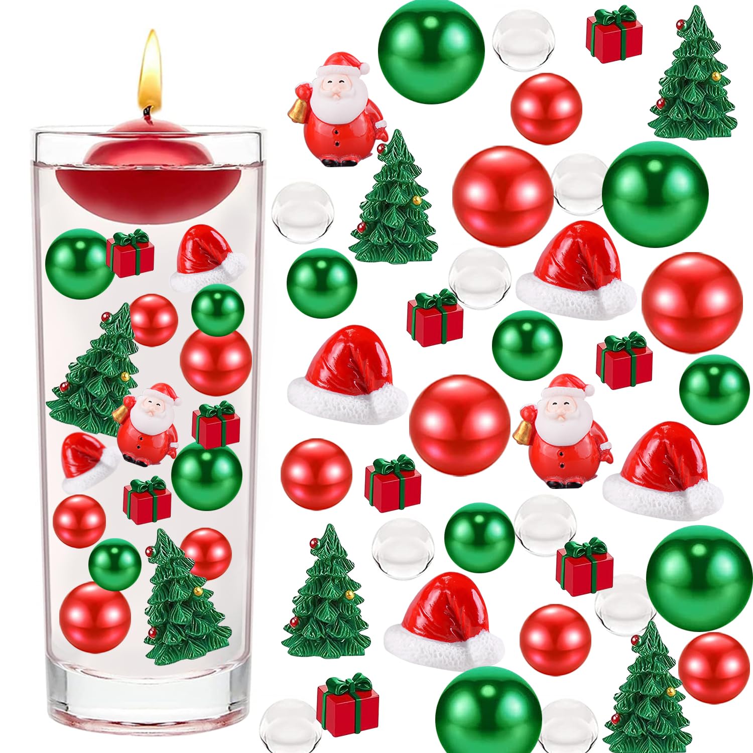 10066Pcs Christmas Vase Filler Decor Set Red Green Beads Santa Hat Christmas Trees Gift Boxes Vase Filler for Christmas Home Party Decoration