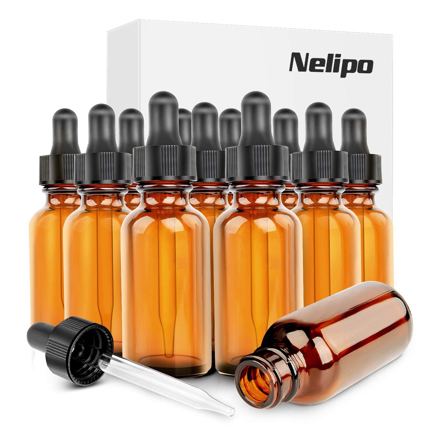 Nelipo 1oz Amber Glass Bottles for Essential Oils with Glass Eye Dropper - Pack of 12