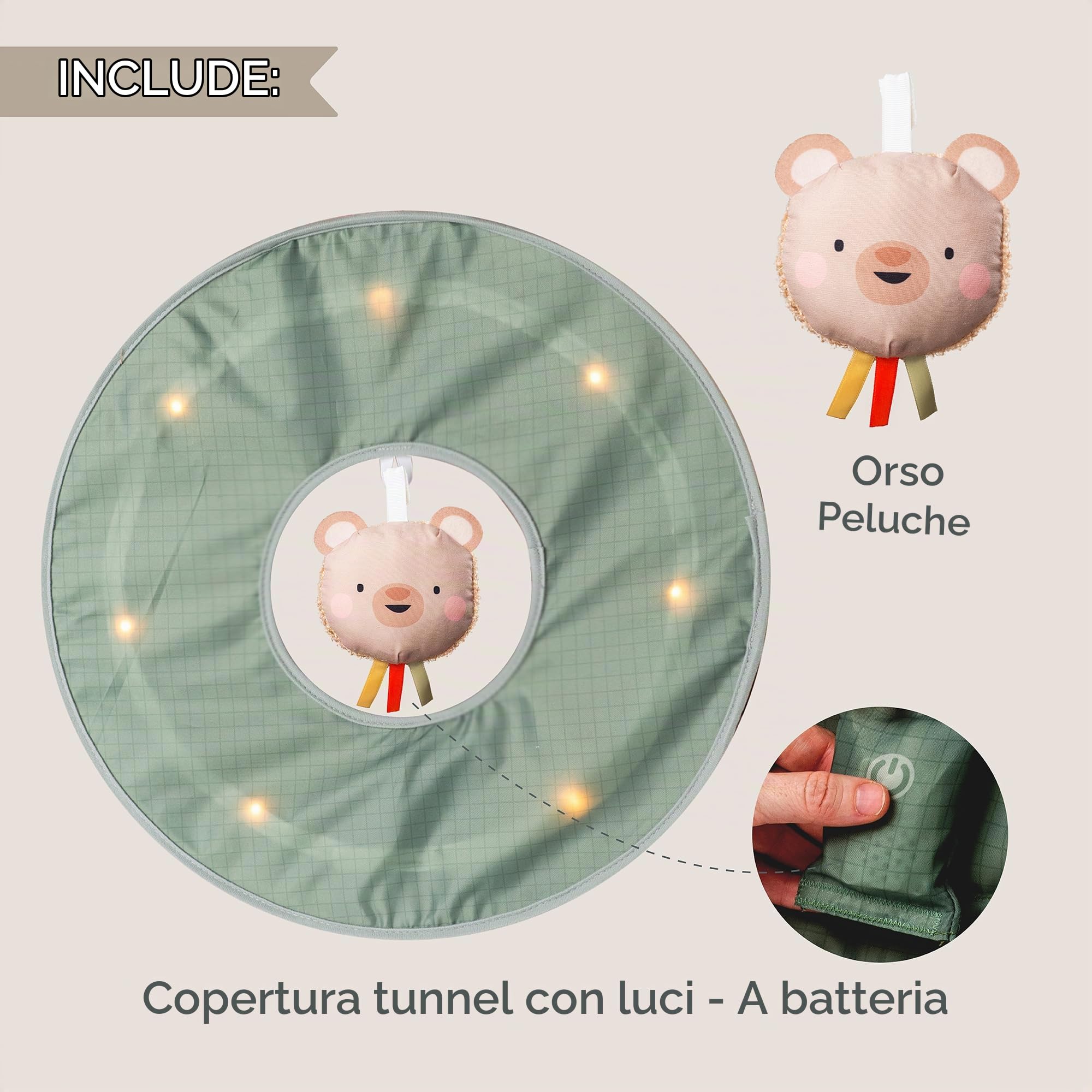 Tunnel Gioco Evolutivo per Bambini – 120 cm con Cerchio Luminoso Spostabile, Peluche Orsetto, Pieghevole con Borsa da Trasporto – Sviluppo Motorio ed Esplorazione – Dai 6 Mesi