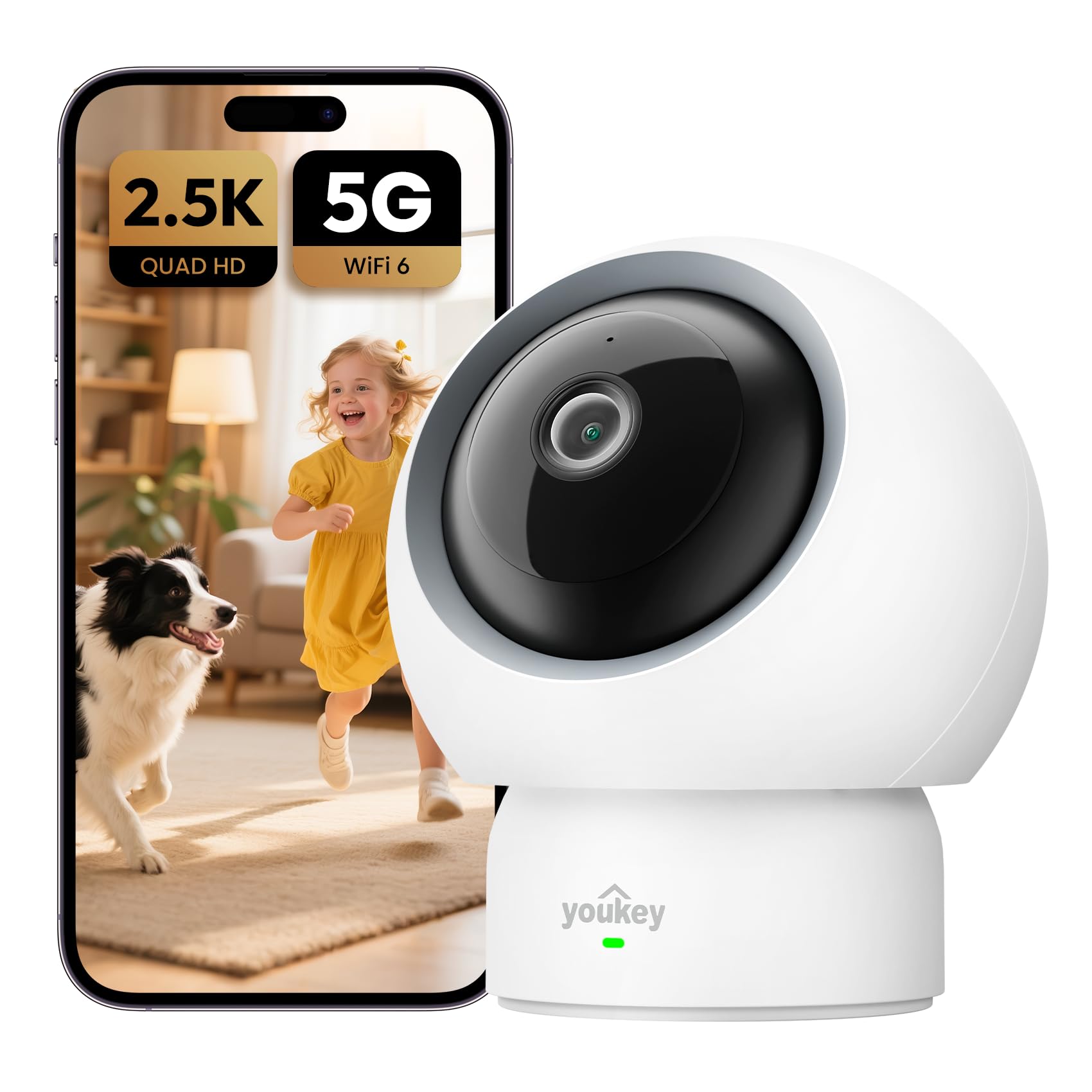 youkey Indoor Camera 2.5K, No Monthly Fees, Pan & Tilt, 360° Dog/Pet Camera for Home Security, 2.4G/ 5GHz WiFi 6, Bluetooth Pairing, Human/Pet/Baby