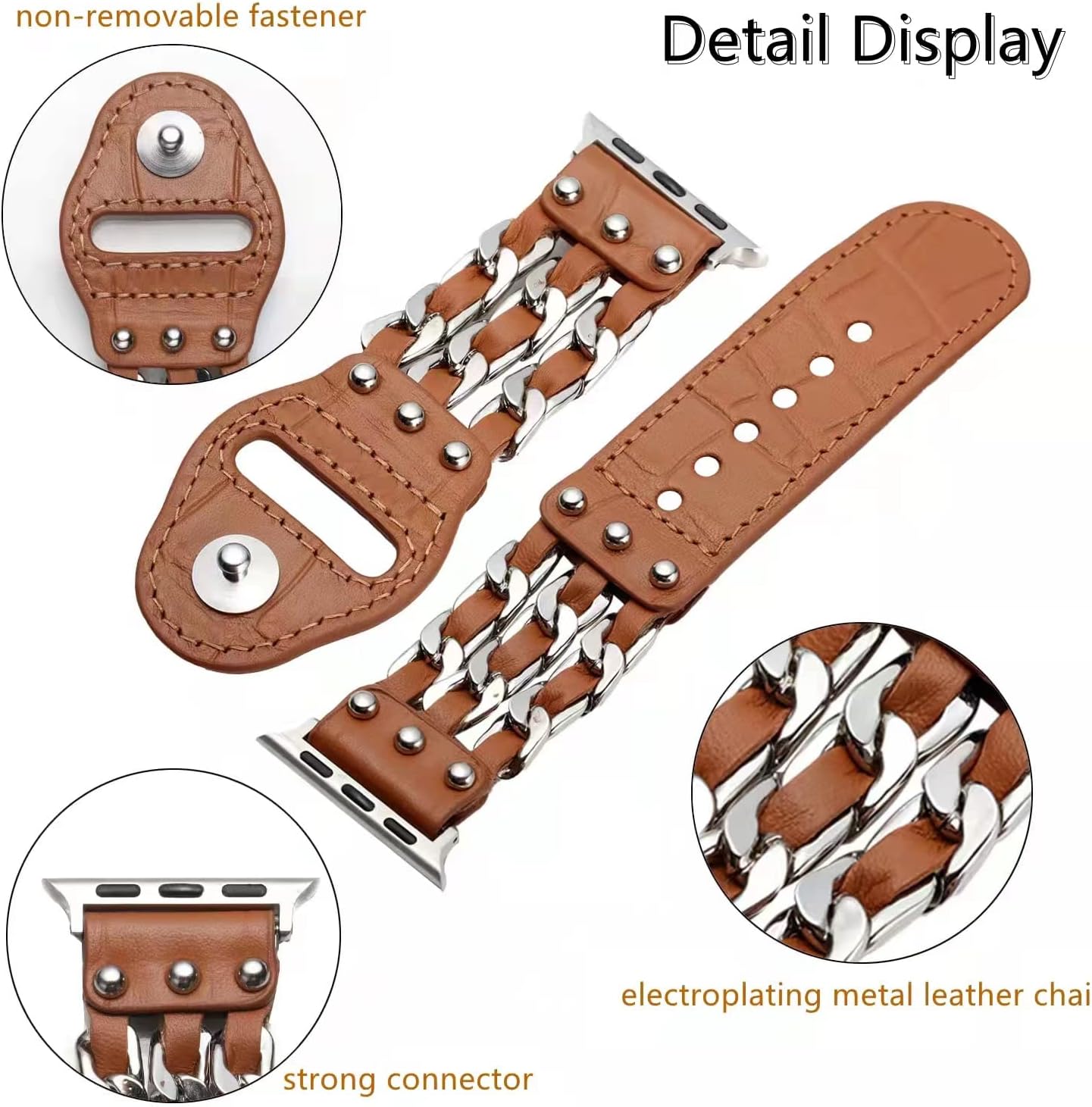 Leather Strap,3 Rows Cowboy Chain Style Band,for Apple Watch Series 11/10/9/8/7,Ultra 3/2/1,SE 3/2/1 [2025] (46mm/45mm/44mm/49mm,Brown)