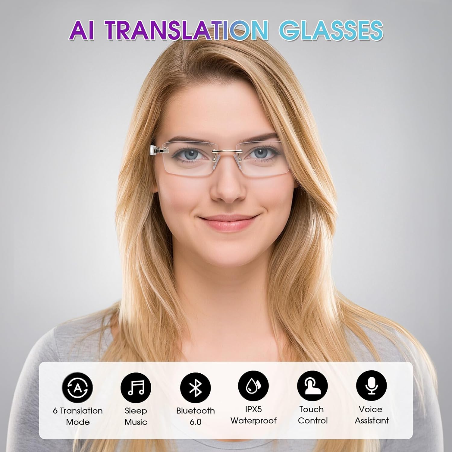 AI Translation Glasses, Bluetooth Eyeglasses with Real-Time Translator for 164 Languages, Photochromic Spring Hinge Bluetooth Glasses with Speakers, Rimless Smart Glasses for Travel/Work/Study(Gold) - Image 2