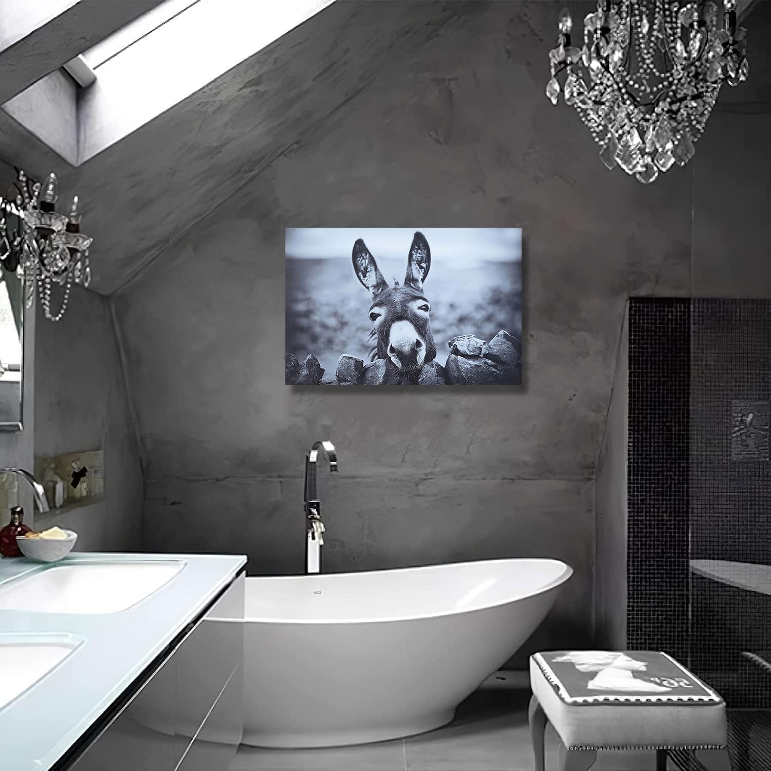 HSFFBHFBH Funny Donkey Canvas Wall Art Black White Animals Pictures Print on Canvas Farmhouse Mural Cute Donkey Framed Poster Bathroom Art Home Office Children's Room Decor Painting 16x24inch