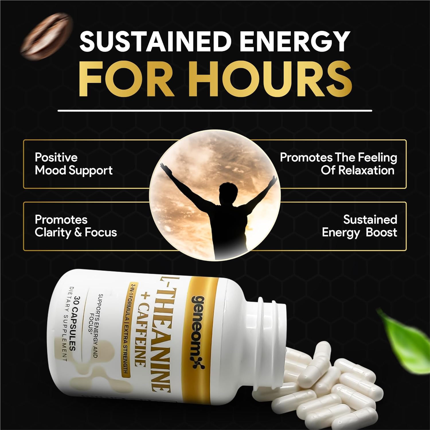 L-Theanine + Caffeine Supplement - Extra Strength 2-in-1 Formula for Mental Clarity, Energy and Focus with Natural Green Coffee Bean Extract, Supports Calm & Alertness | 30 Vegetarian Capsules