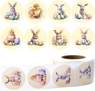 500PCS Easter Round Stickers Roll, 8 Designs Retro Watercolor Bunny Egg Chick Labels, 1.5 Inch Rustic Easter Stickers for Party Favors, Gift Wrapping, Greeting Cards & Candy Bags