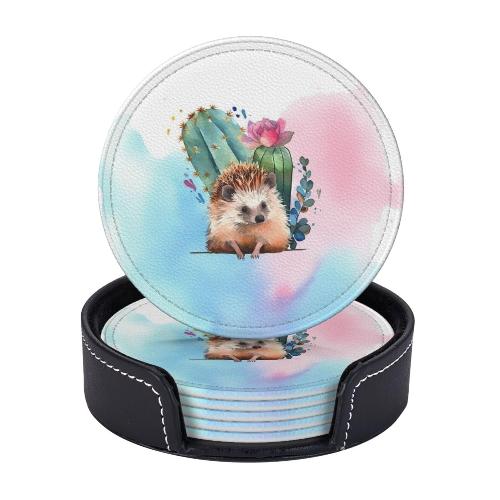 6PCS Drink Coasters with Holder, 4" Leather Coasters for Drinks, Watercolor Hedgehog Cup Coasters for Coffee Table Decor, Non-Slip Drinking Cup Mat for Hot or Cold Drink