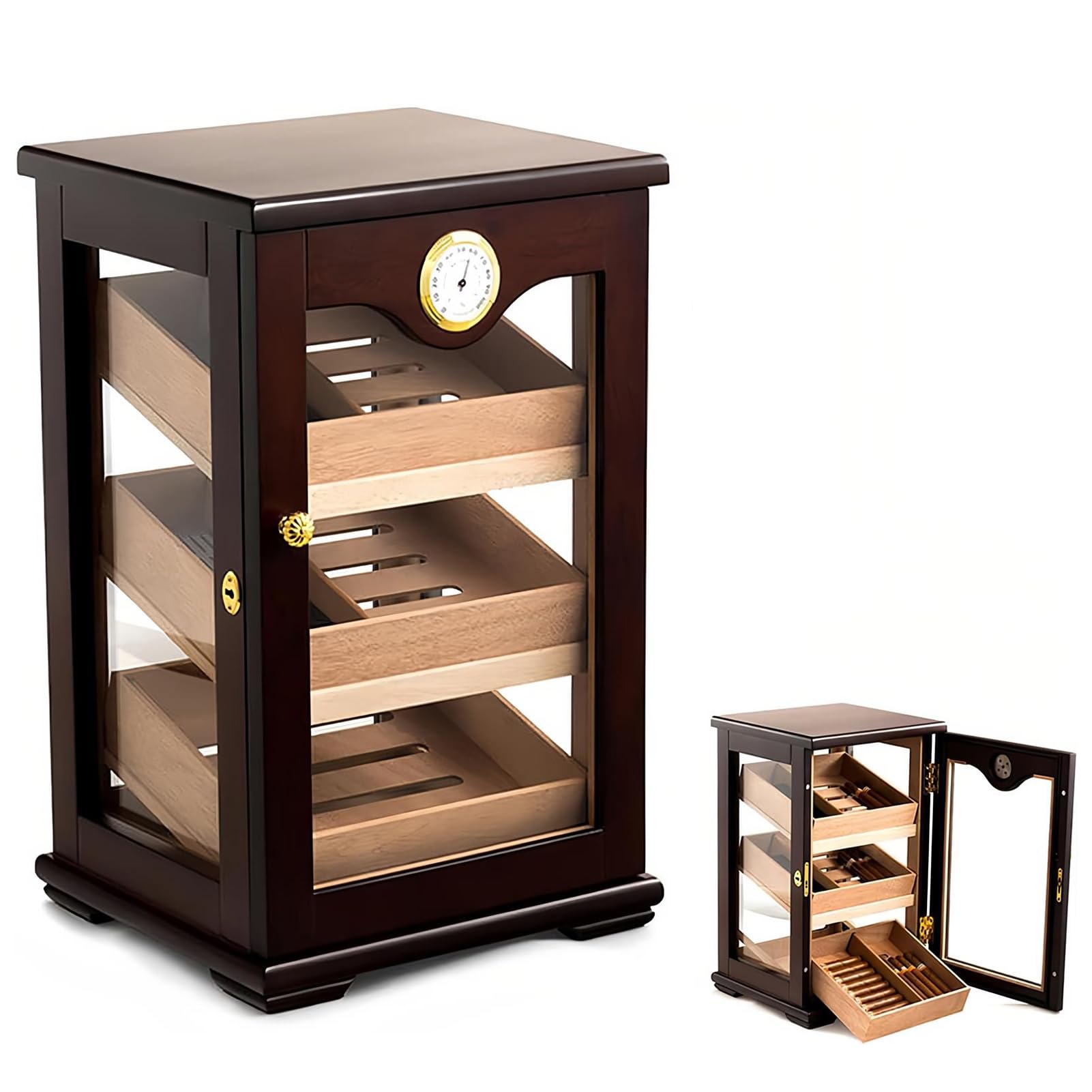 Gabinete de humidor de Madera de Cedro Hecho a Mano con Puerta de Vidrio y 3 cajones Grandes, Ideal para el Almacenamiento y Regalo de cigarros