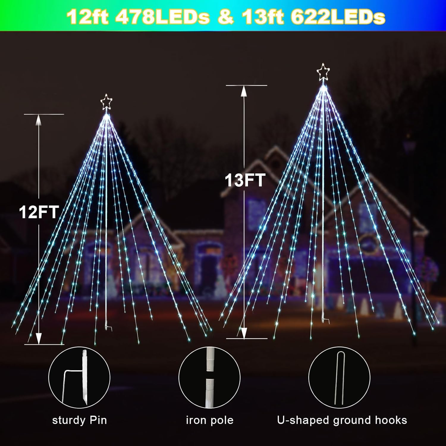 12Ft 478LEDs Outdoor Christmas Tree Waterfall Lights with Pole, Cascading Twinkle Light for Yard, Color Changing RGB, Smart App/Remote Control, Timer, Waterproof, Giant Outside Xmas Decor - Image 7