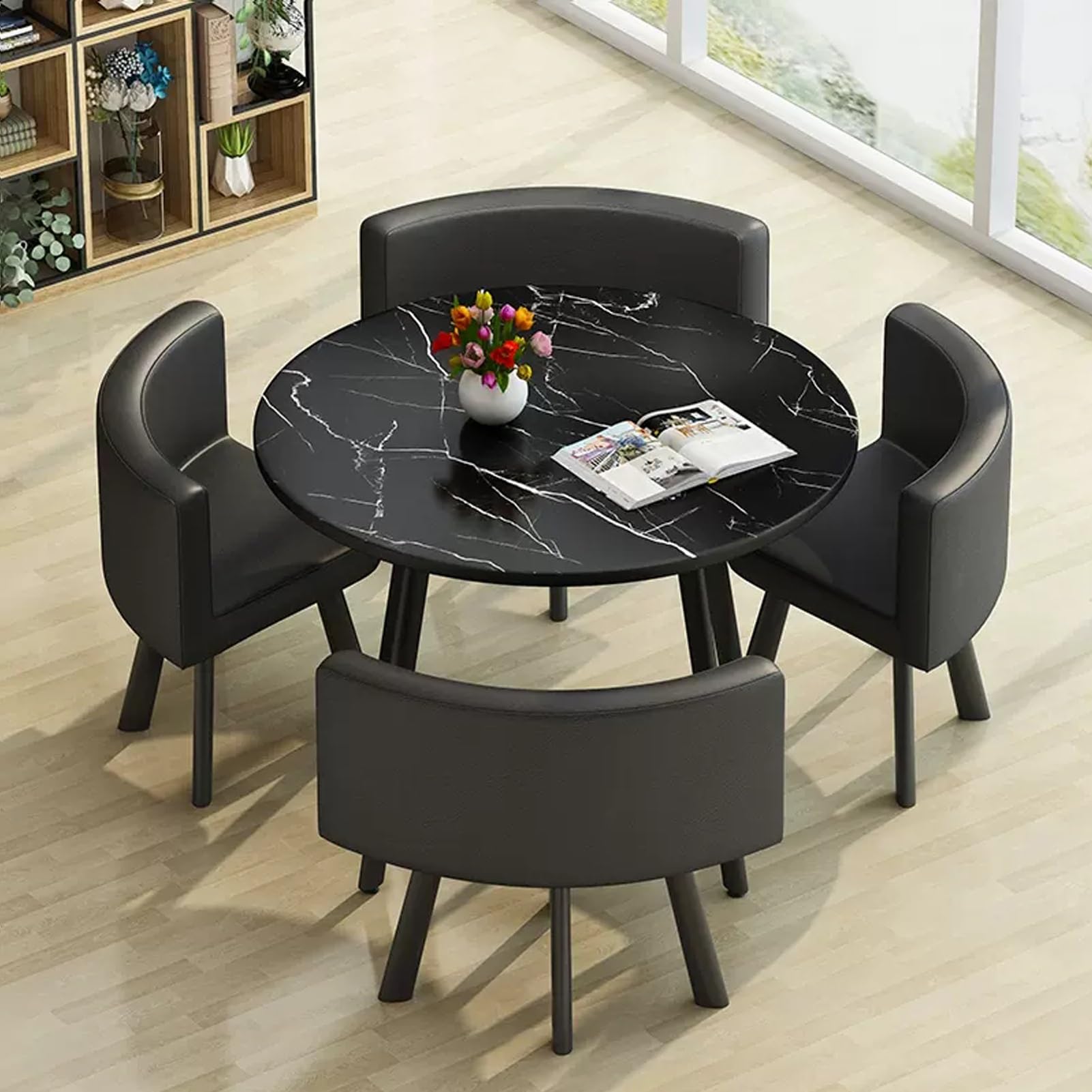 AYCDL SpaceSaving Round Dining Table Set with 4 Chairs for Conference Room & Office – Versatile Reception Table Negotiation Desk & Coffee Table Combo,Pu-leder29