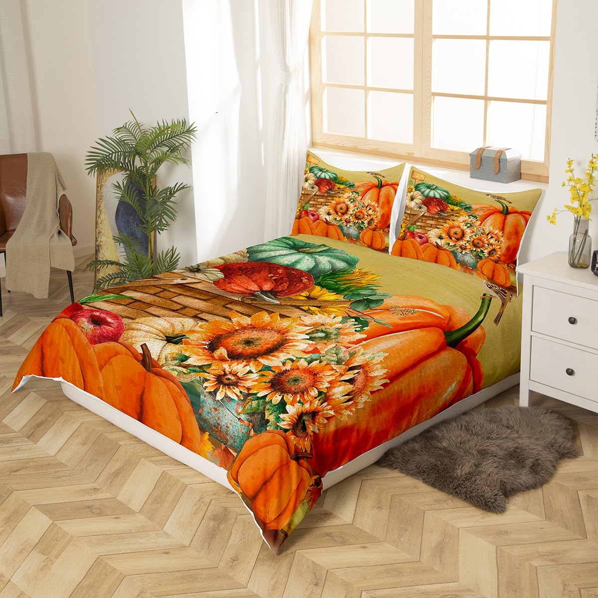 Copripiumino Halloween 135x200 Con Zucca E Fiori Autunnali - Set 2 Pezzi Con Federa - Biancheria Letto Tema Autunno