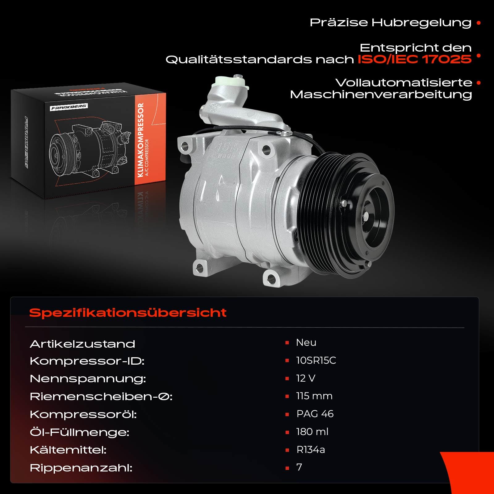 Frankberg Klimaanlagen Kompressor mit Kupplung Diesel Kompatibel mit CR-V III RE 2.2i-CTDi 4WD 2.2L (103 KW/140 PS) Replace# 38810R06G01, inkl. Öl vorbereift