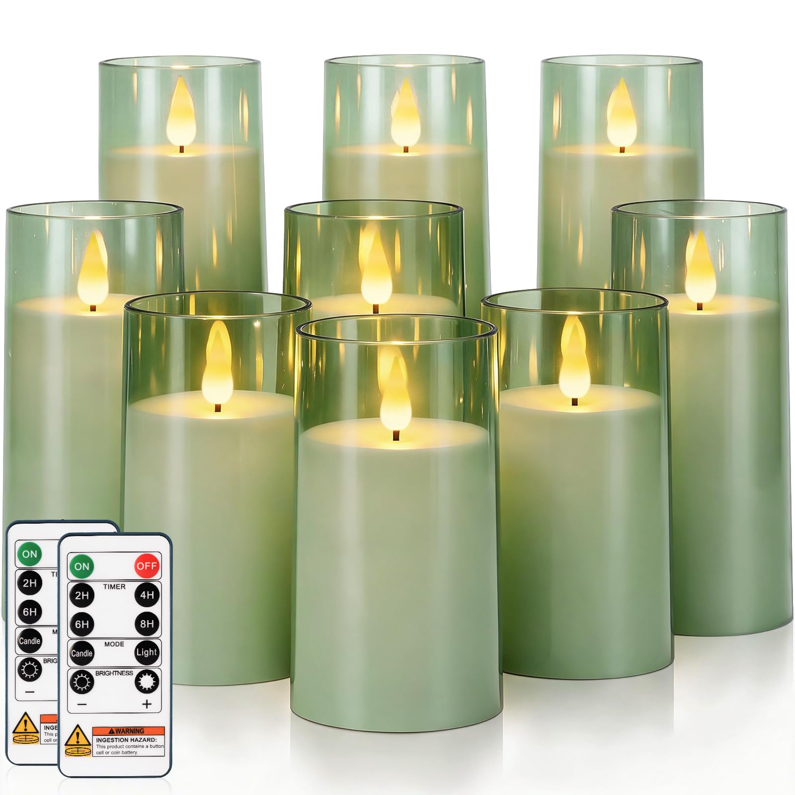 Homemory Sage Green Flameless Candles, Acrylic LED Pillar Candles with Remote Timer, Set of 9