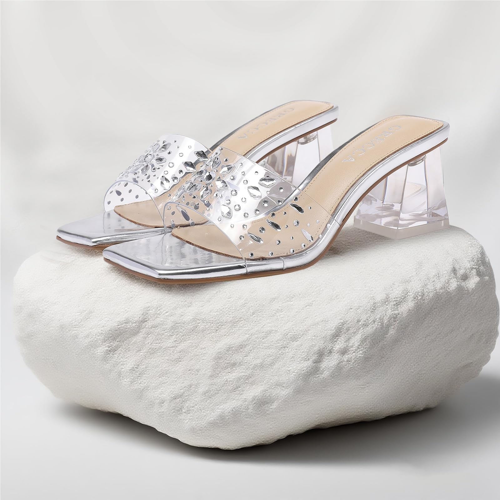 Sandali da donna con strass trasparenti, sottili, tinta unita, punta quadrata, pantofole tacco alto for le donne Per la Festa Serale di Nozze