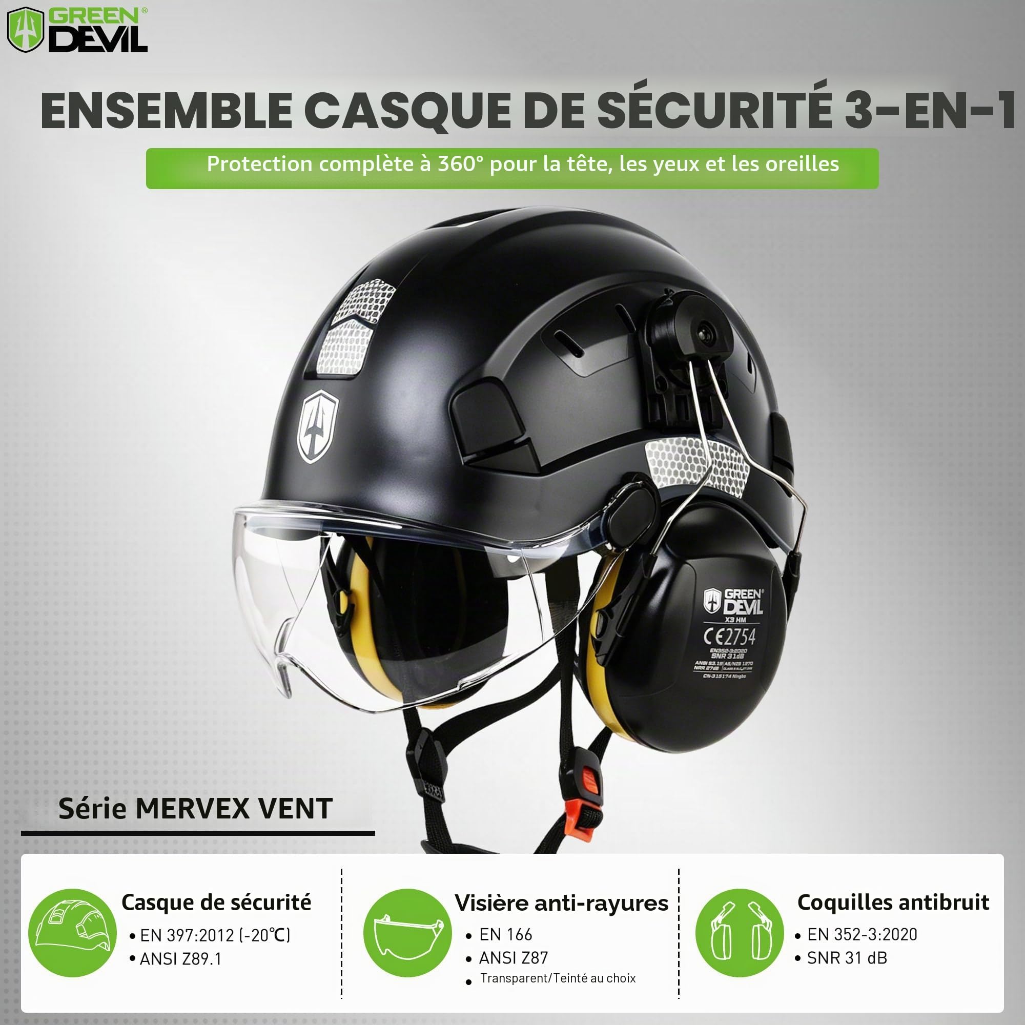 GREEN DEVIL Casque de Protection de Travail avec visière Transparente et Protection auditive - Casque de sécurité ABS réglable - Casque de sécurité ventilé avec Casque Industriel en 397 (Noir)