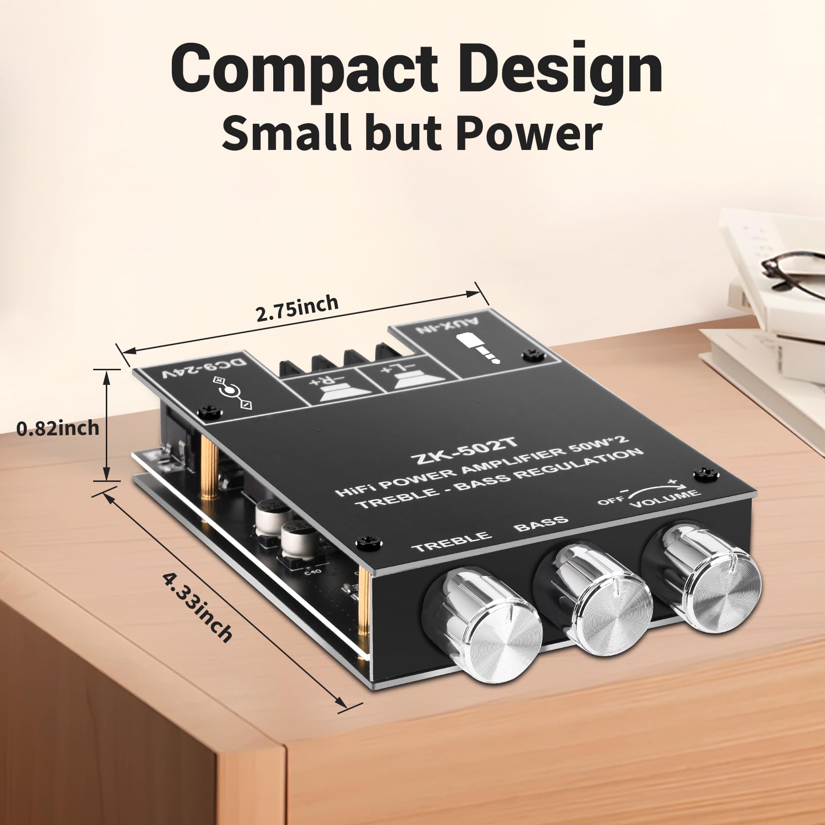 Daakro Placa amplificadora, 50 W 2.0 canales Bluetooth con control de agudos y graves, CC 12-24 V, entradas Bluetooth y AUX, placa de amplificador de audio para altavoces inalámbricos caseros, sin