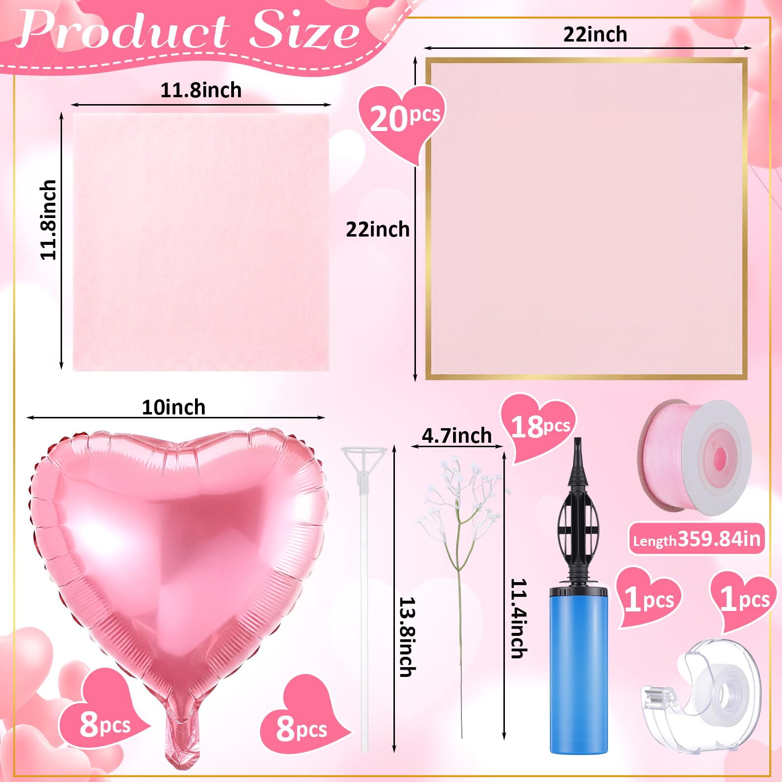 Qeeenar Kit fai da te per bouquet di palloncini a forma di cuore, 8 palloncini a forma di cuore in lamina con fiori di respiro del bambino, carta da regalo e nastro, kit per la creazione di bouquet di
