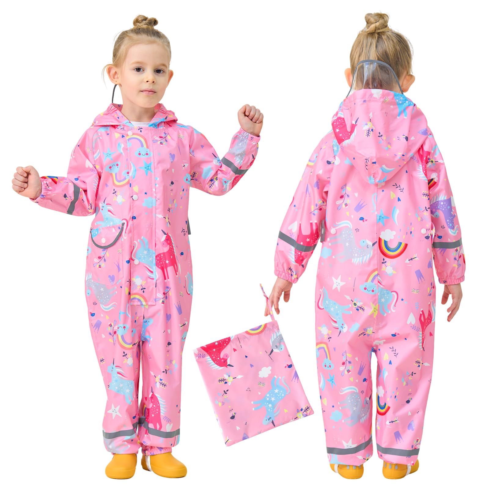 Enfant Imperméable à Capuche Fille Combinaison de Pluie Respirant Léger Randonnée Vestes Réfléchissante Rayure Imperméables Unisexe 1-9 Ans