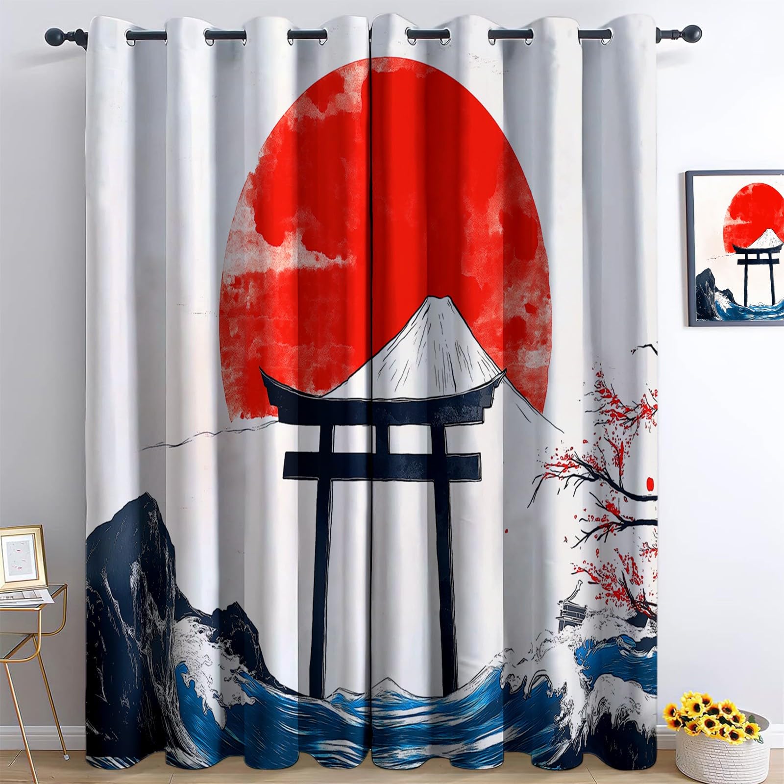 Zasłony z oczkami Japonia Torii Mountains, nieprzezroczyste, termoizolacyjne i anty-UV, dźwiękoszczelne zasłony z oczkami do sypialni, salonu jasny kolor, 220 x 215 cm, 2 sztuki
