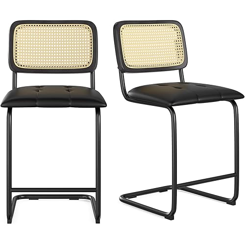 Soohow Bar Stools Set of 2, Upholstered Velvet Counter Stools Barstools with Rattan Back