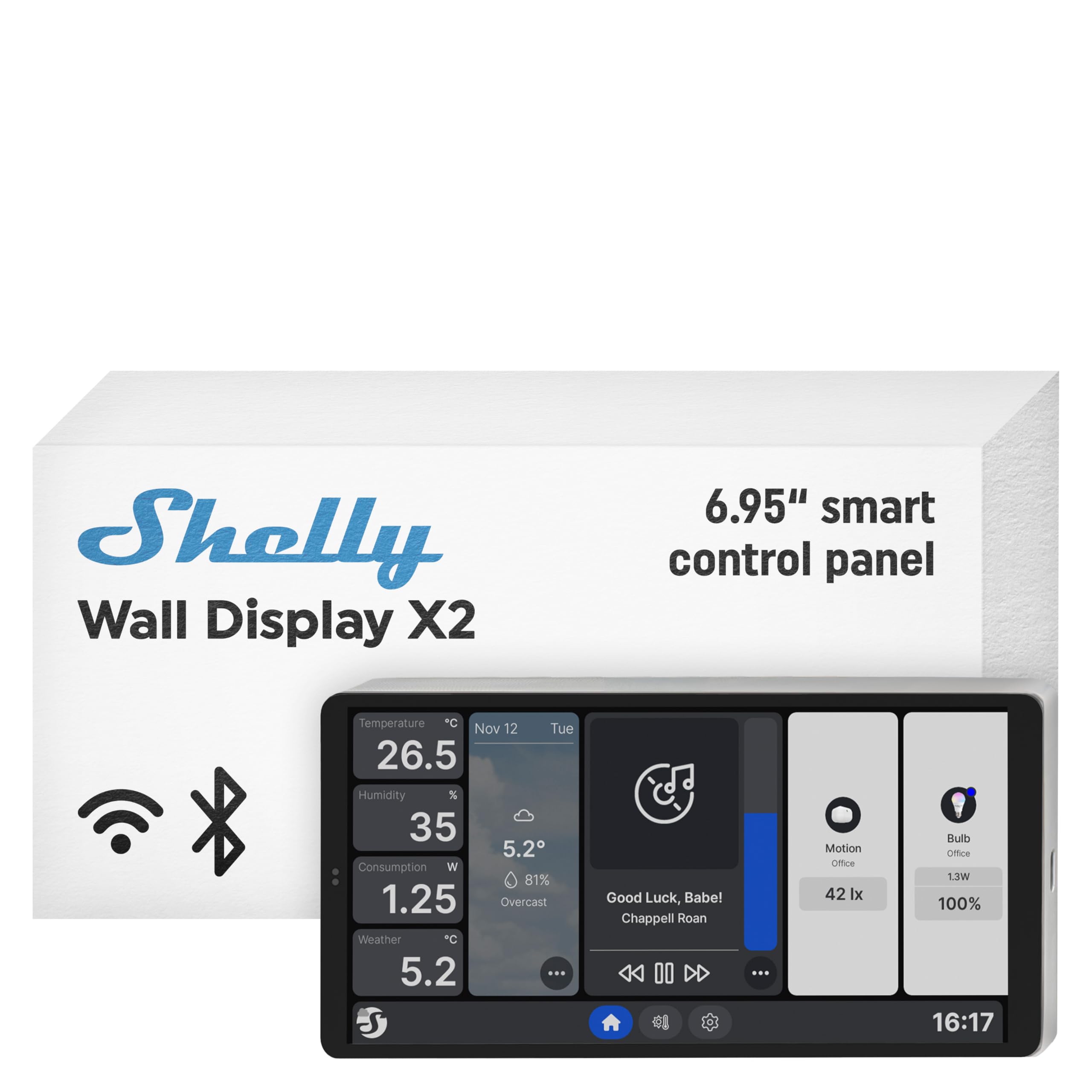 Shelly Shelly Wall Display Single, Silber, WLAN 6.95" Smart-Home-Display, Smart Control Panel, Integriertes 5-A-Relais, Farbbildschirm, Personalisierter Startbildschirm, Thermostat, Raumverwaltung
