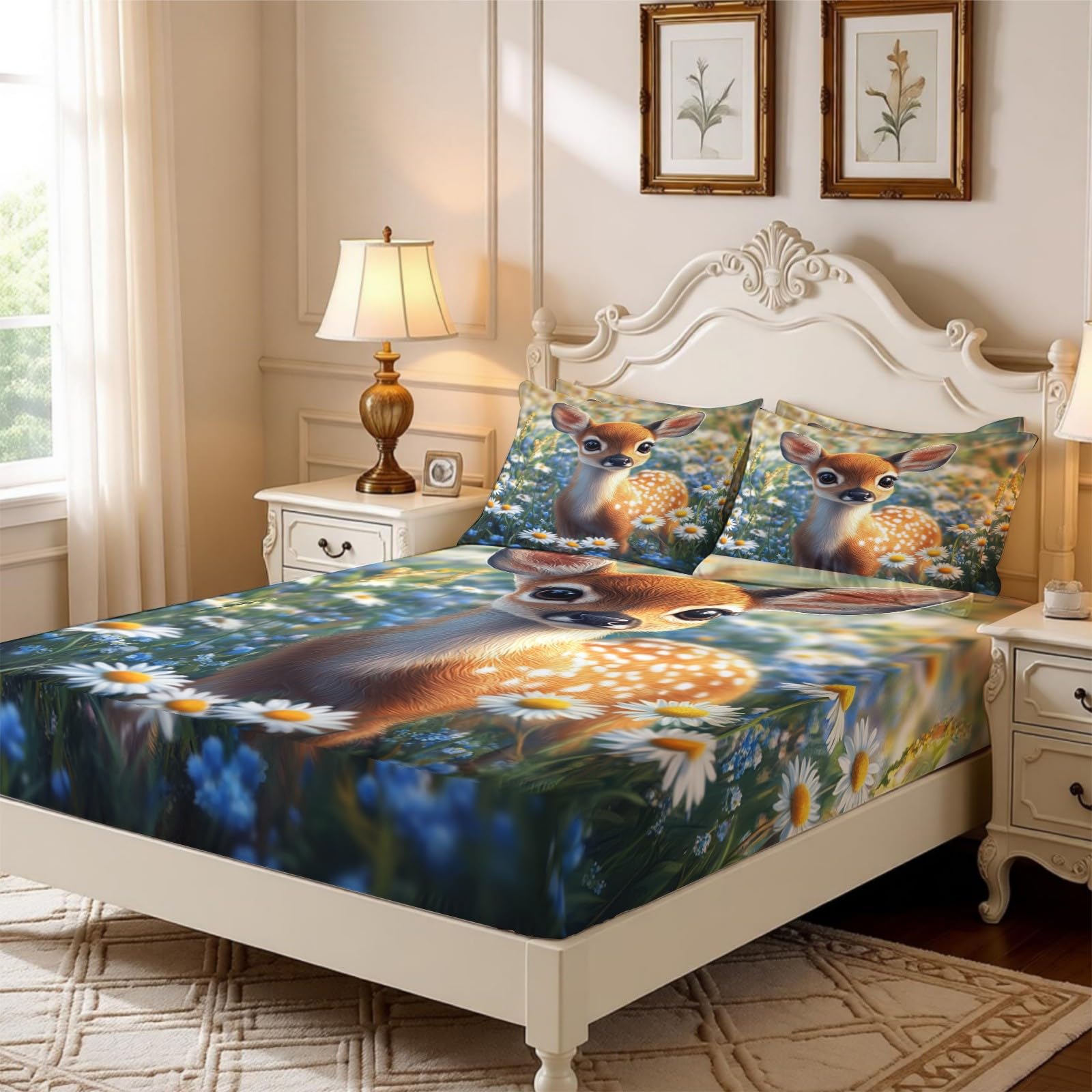 Lenzuolo con Angoli 180 x 200 cm Microfibra cervo dei fiori Lenzuolo Sotto Elasticizzato Profondo 25 cm marrone per Letto Singolo e Matrimoniale