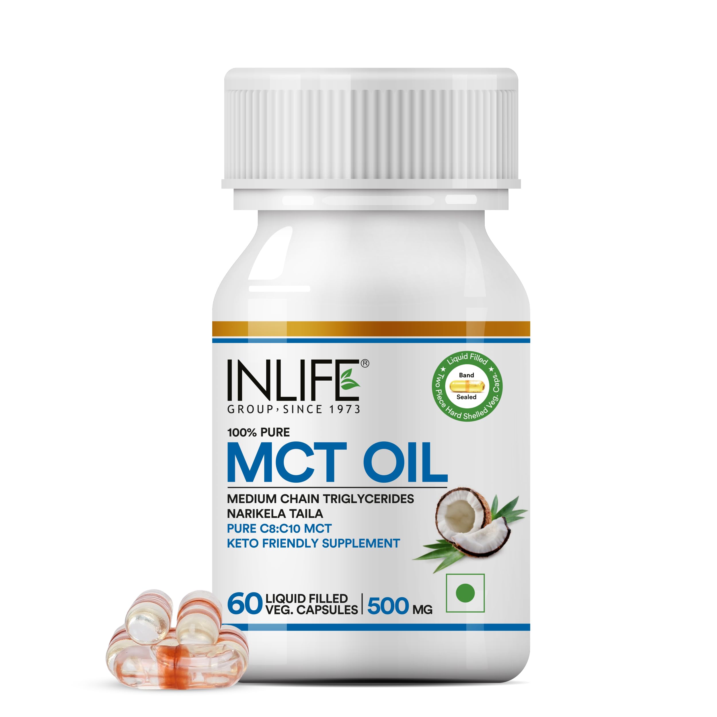 INLIFE Pure MCT Oil C8 C10 Keto Diet Friendly Advanced Products, Weight & Fat Management Food Supplement, 500mg - 60 Vegetarian Capsules (Pack of 1, 60, count)