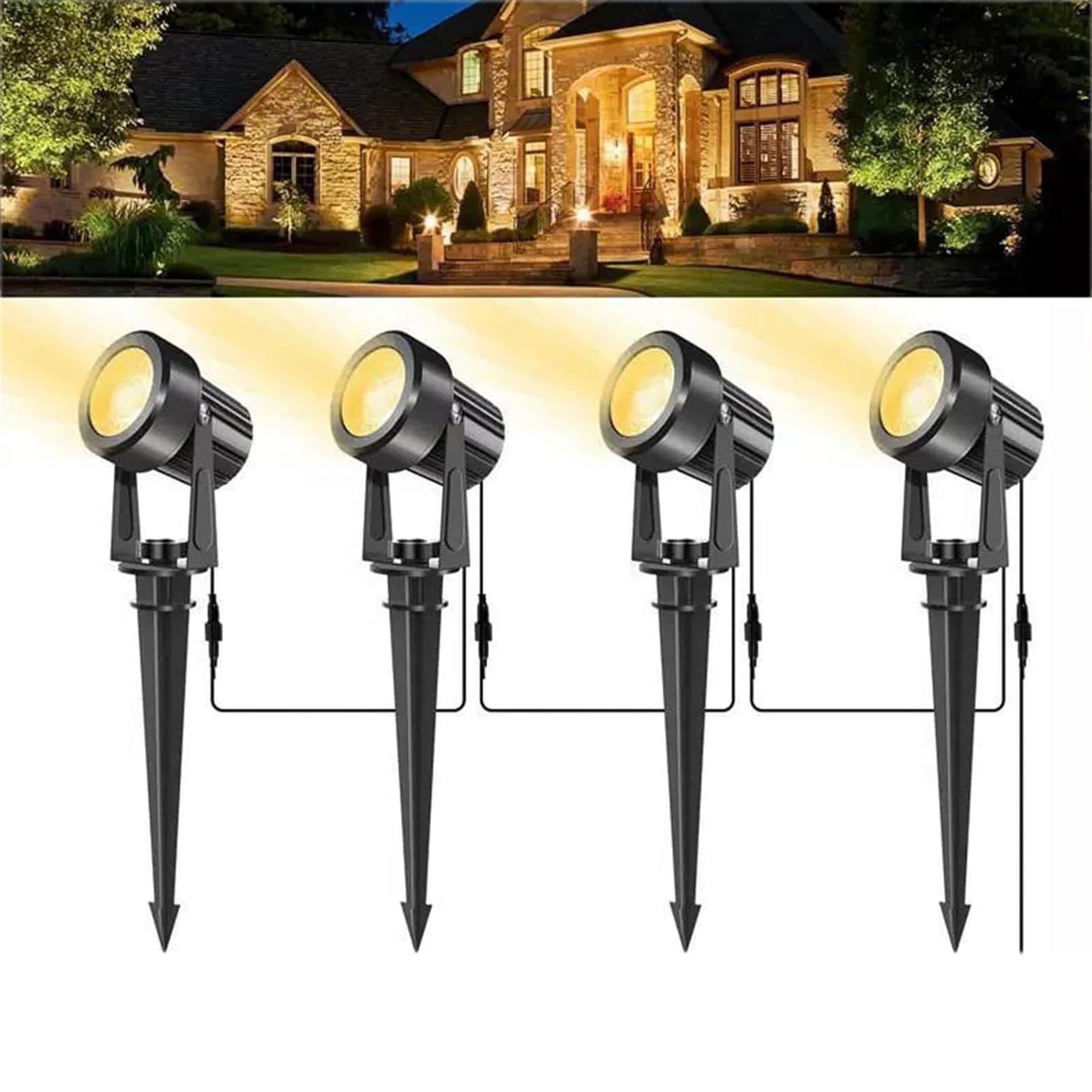 JOUFNING Outdoor Landscape Spotlights 12W, Garden Buried Lights, LED 4-in-1 Spike Lights with Adapter, IP65 Waterproof 5V Spike Light, for Lawn, Pathway, Yard(3000k-4 in 1)