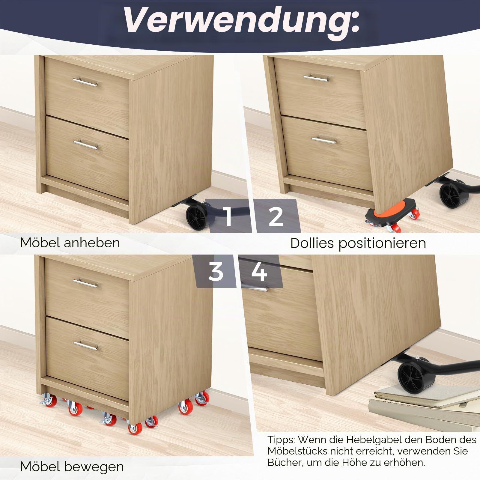 Möbel Transportrollen Set, Schwerlast Möbelheber mit 4 Stück Möbelrollen, Verlängerungsstange und 1 Paar Arbeitshandschuhe, 325 kg Tragfähigkeit, 360° drehbarer Möbeltransport Umzugshelfer