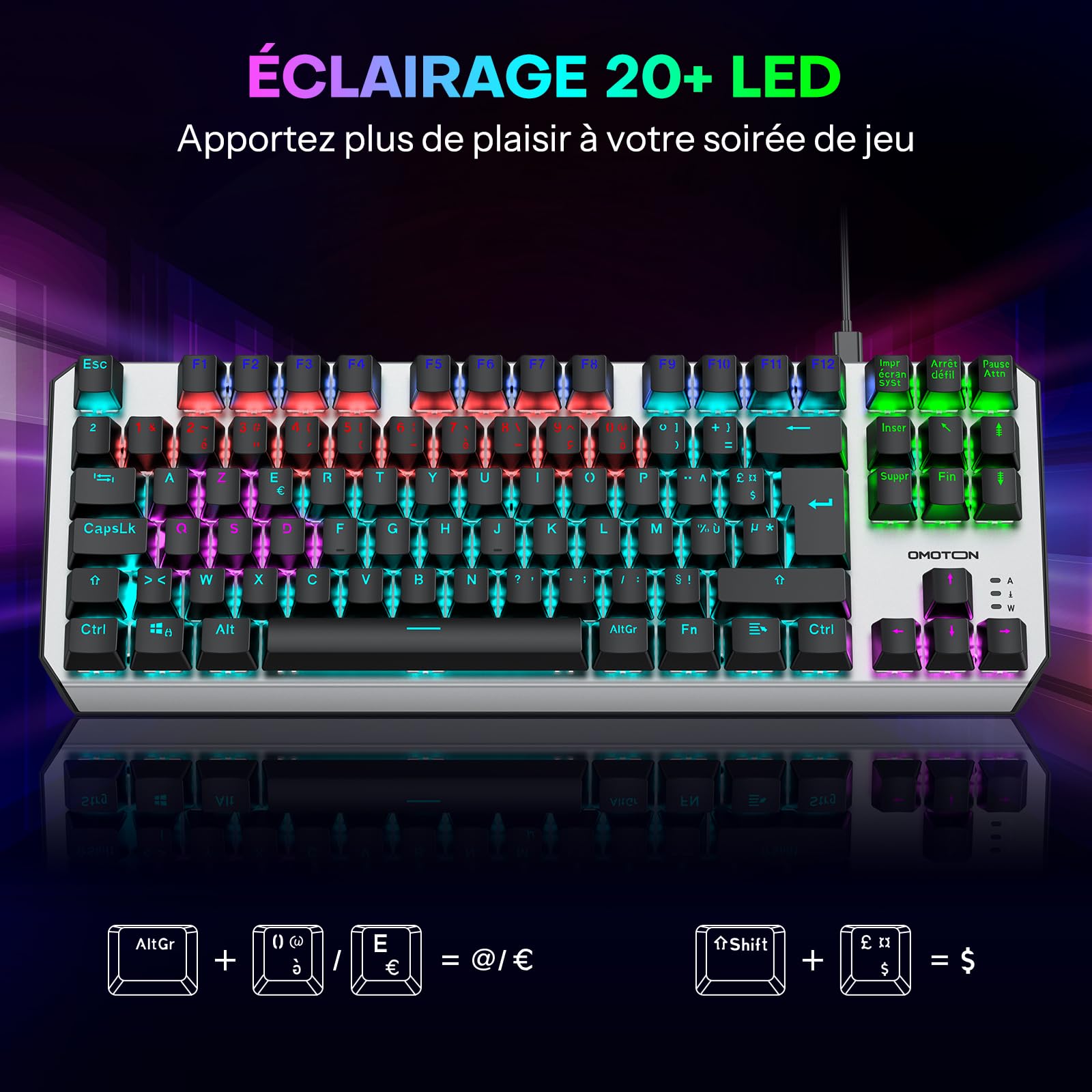 OMOTON Clavier Gamer Mécanique Filaire USB, 80% TKL Clavier Gaming Mecanique Rétroéclairé avec Switch Rouge, Anti-Ghosting, AZERTY Français pour PC/Windows