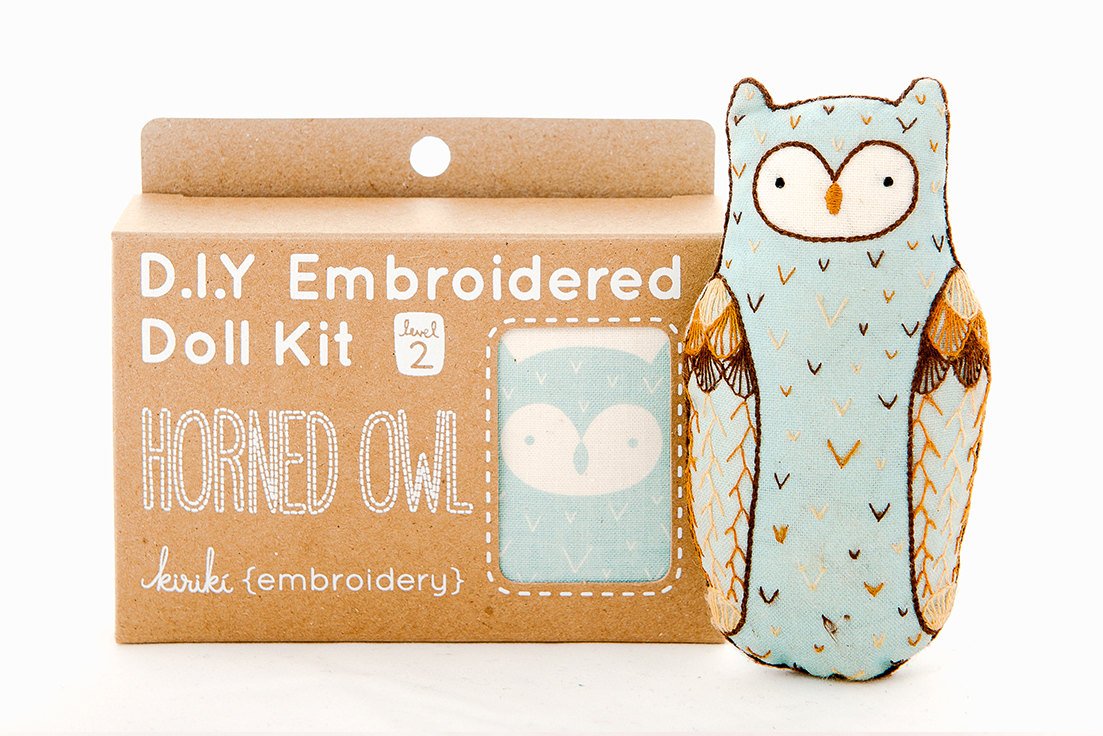 Kiriki Press DIY Embroidery Doll Kit - Skill Level 2 - Beginner to Advanced Kit for Adults Teens (3 Levels) | Animal Screen Printed Pattern (Horned Owl)