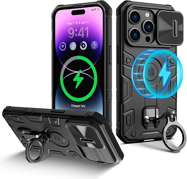 Nillkin Magnetic Case for iPhone 14 Pro Max Case with Kickstand,Military Grade Shockproof Case with Ring Stand Compatible with MagSafe Wireless Charger & Magnetic Car Mount Holder Black