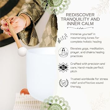 8 inch White B Note Crown Chakra Quartz Crystal Singing Bowl, for Healing Mindfulness Meditation Yoga Sound Baths, with Rubber Mallet O-ring
