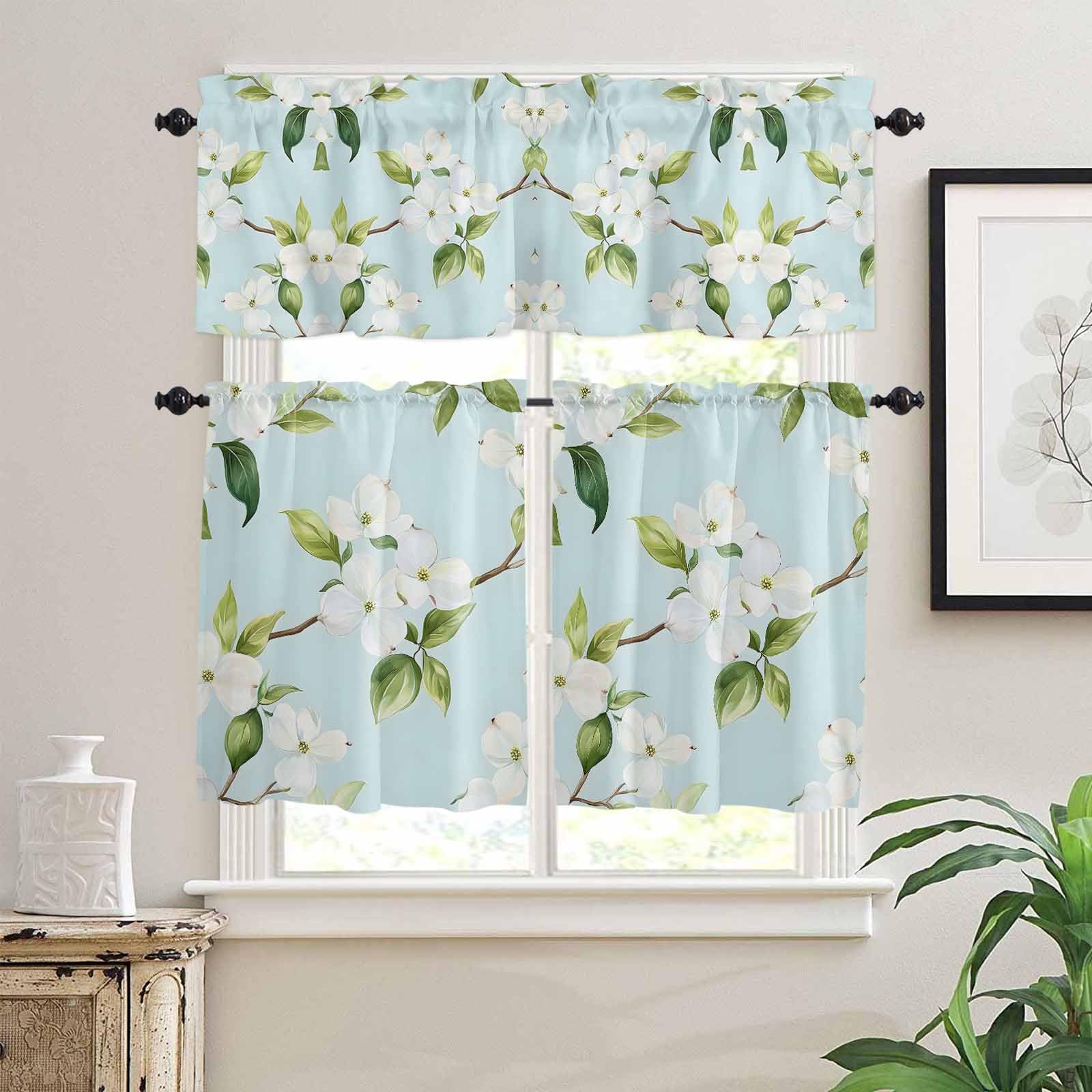 Yomandocix Kitchen Curtains and Valances Set, Summer Flower Rod Pocket Curtains Tier Farmhouse Window Treatment 36 Inch Length, Country Floral Wildflower Garden Plant 3 Piece Kitchen Curtain Set