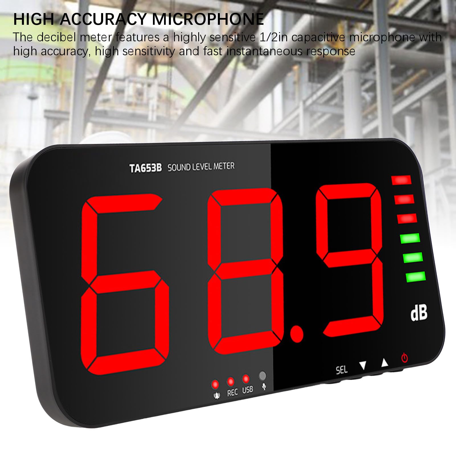Medidor de decibelios para pantalla grande, montaje en pared, juego de medición de nivel de sonido, registrador de datos de decibelios para aula, hogar, oficina, fábrica