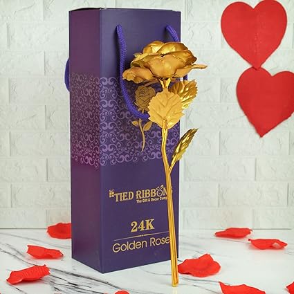 TIED RIBBONS Decorative 24k Gold Plated Artificial Rose Flower with Box Anniversary Wedding Birthday Gift for Girlfriend Boyfriend Girls Boys Husband Wife Love Couple