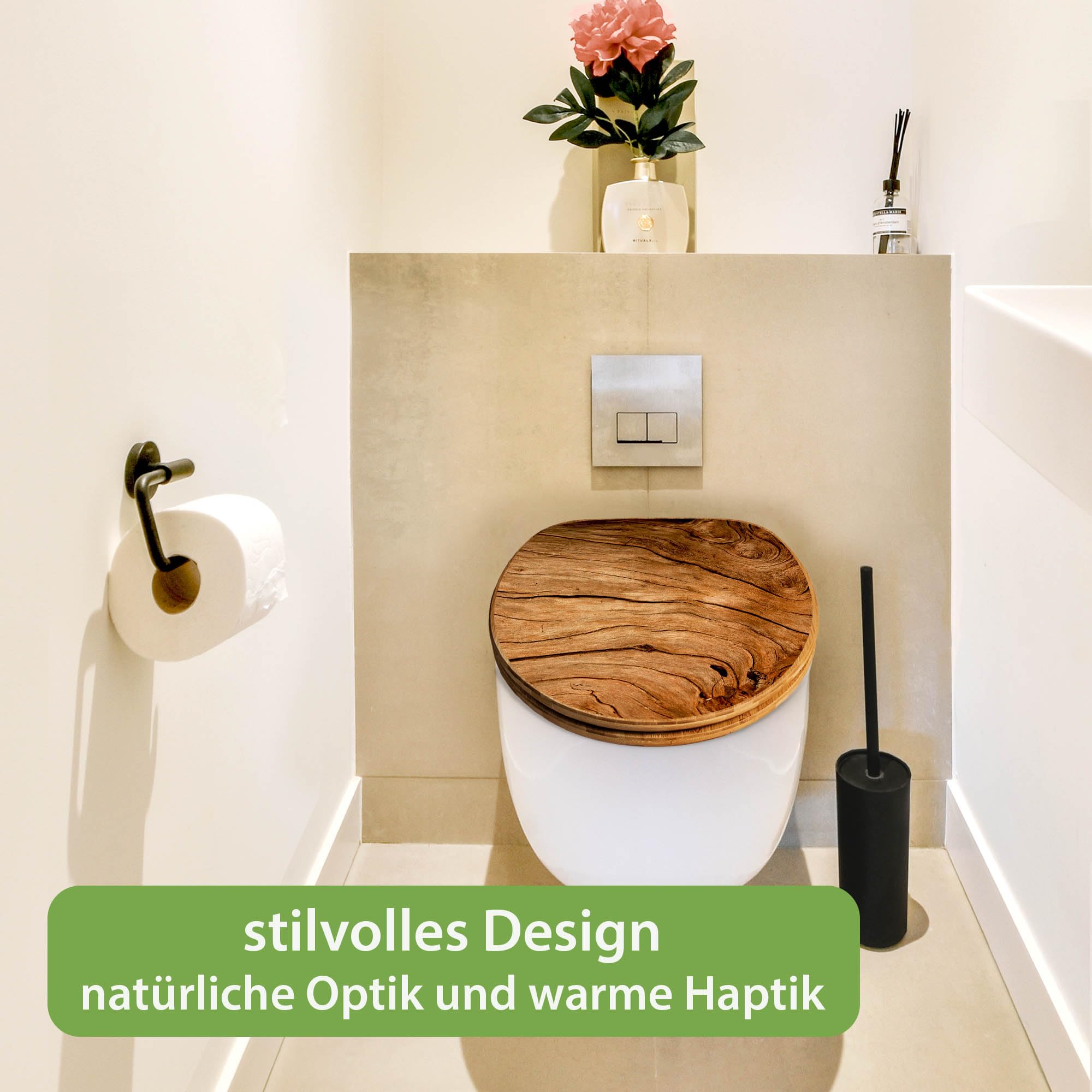 banjado Design WC Sitz Bambus Absenkautomatik 45,8x37,5cm - Toilettendeckel mit Absenkautomatik Holz - hochwertiger Bambus Klodeckel - WC-Sitz für gängigen Toiletten - Motiv Trockenes Holz