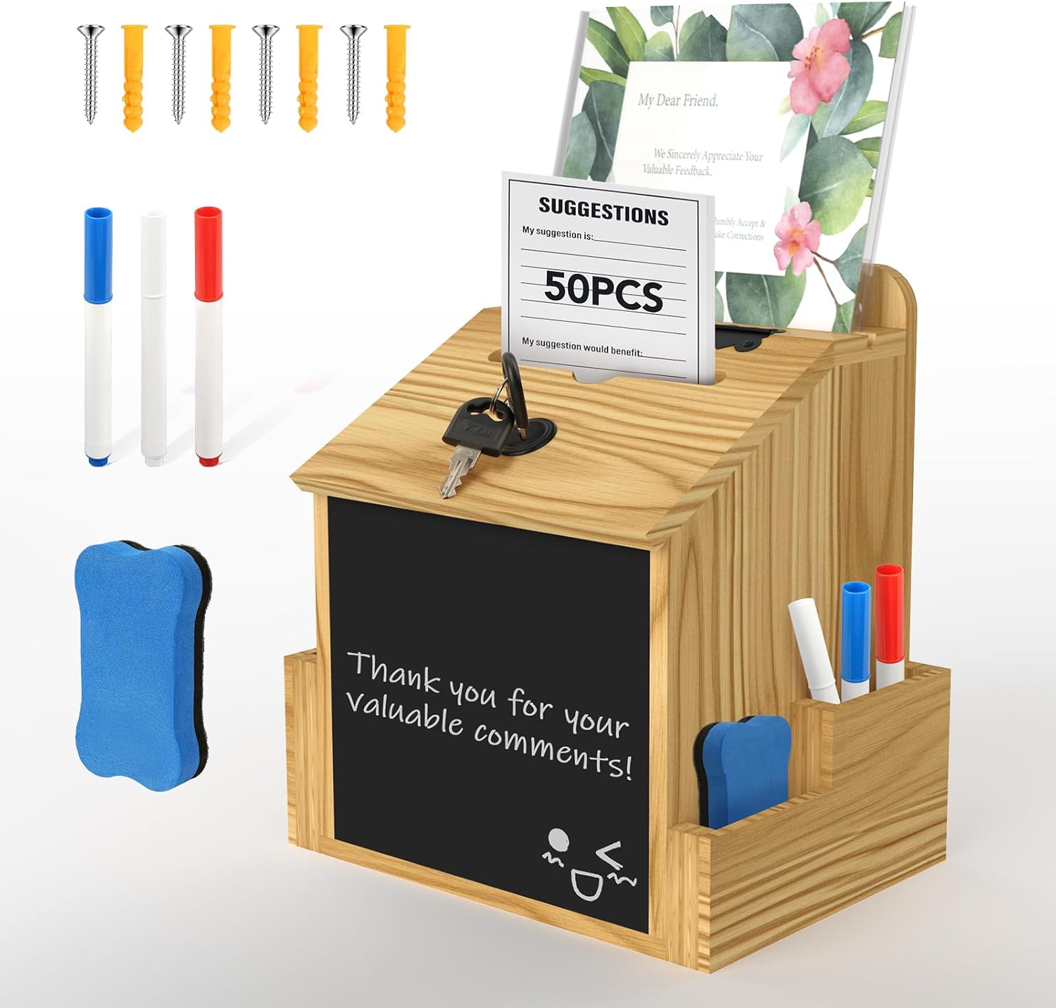 Suggestion Box with Acrylic Sign Holder, Locking Donation Box for Office Feedback,Donation, Ballot & Fundraising, Wooden Comment Box for Office, Events, Countertop or Wall Mount