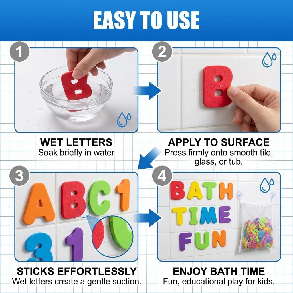 37 PCS Bath Letters and Numbers with Mesh Storage Bag, Foam Bath Toys for Toddlers, Stick on Wall Alphabet Learning Toys, Sensory Educational Bath Toys, Kids Baby Bath Toy Set — view 6