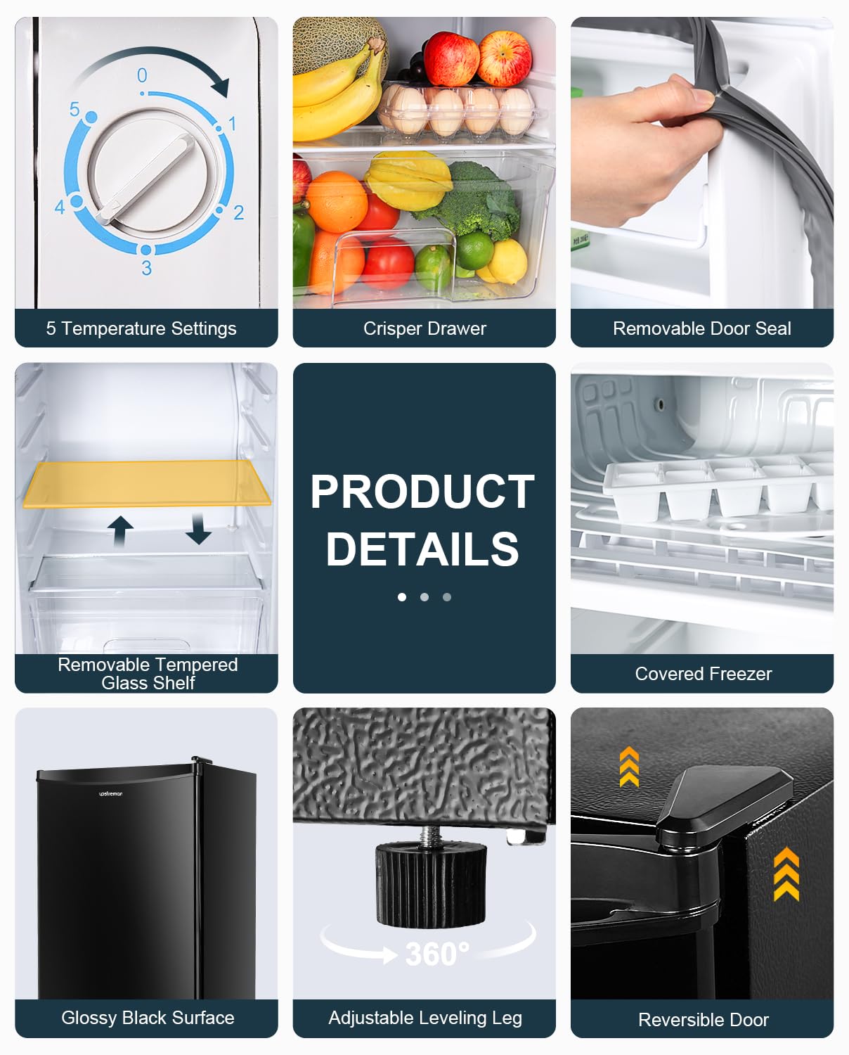 Upstreaman Under Counter Fridge, 91L Small Fridge Quiet for Bedroom and Dorms, Five Stage Temperature Control and Removable Shelves, Standard Refrigerator BR321 (Black) — view 4